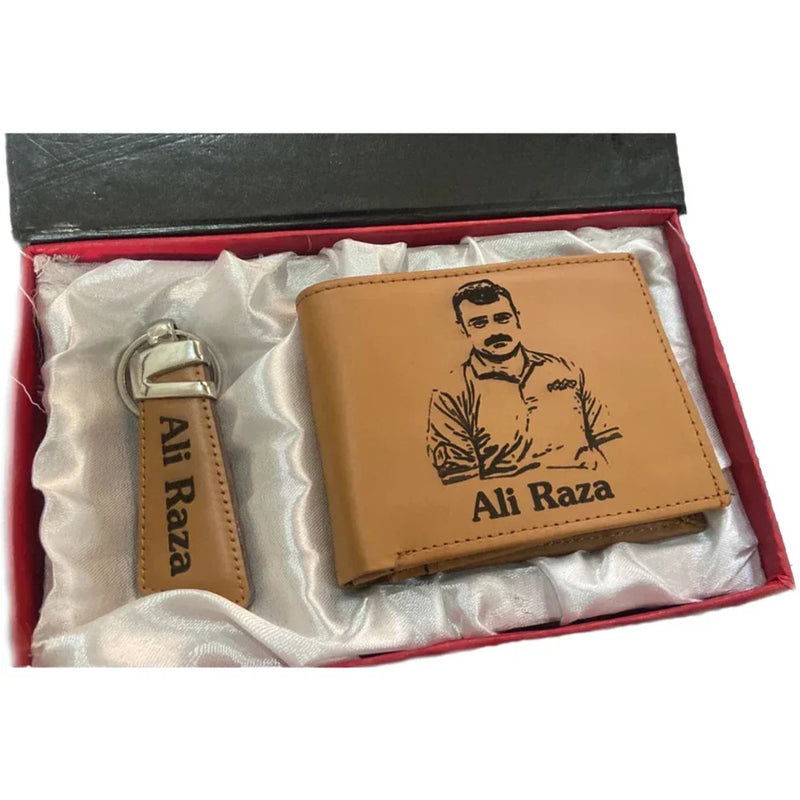 Personalized Leather Wallet & Keychain Set for Men – Custom Engraved with Photo & Name – Perfect Gift Box Included for Special Occasions