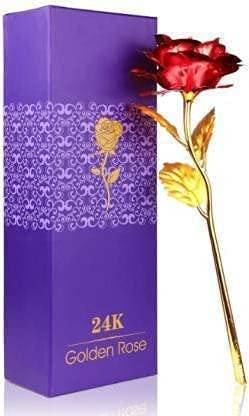 Gold Plated Artificial Flower with Red Rose and Long Stem for Rose/Propose/Valentine's Day,Artificial Flora,(Pack of 1)