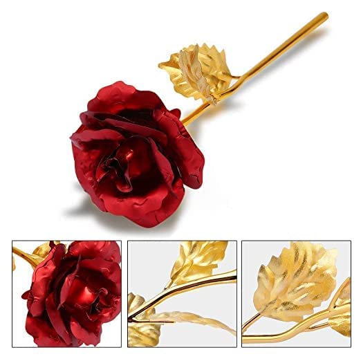 Gold Plated Artificial Flower with Red Rose and Long Stem for Rose/Propose/Valentine's Day,Artificial Flora,(Pack of 1)