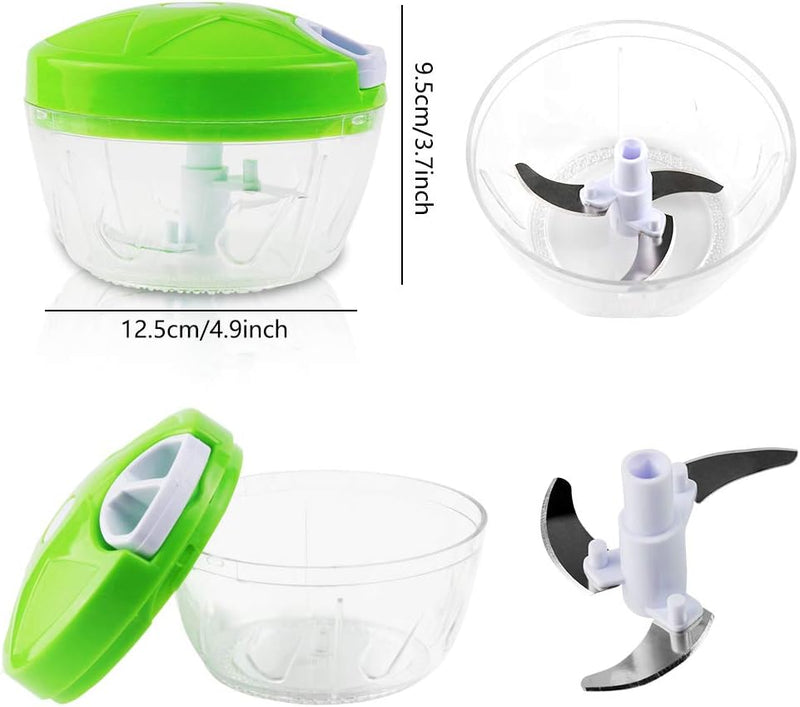 Manual Food Chopper | 3-Blade Handheld Mini Food Processor | Powerful Easy Pull Vegetable, Onion, & Meat Blender | 500ml BPA-Free Kitchen Tool - Green