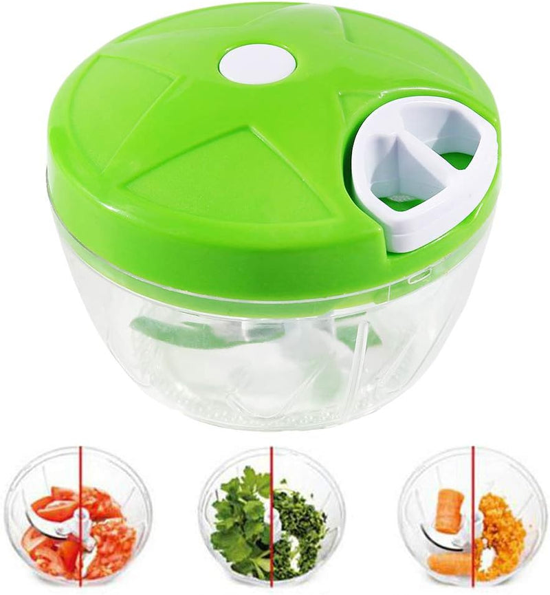 Manual Food Chopper | 3-Blade Handheld Mini Food Processor | Powerful Easy Pull Vegetable, Onion, & Meat Blender | 500ml BPA-Free Kitchen Tool - Green