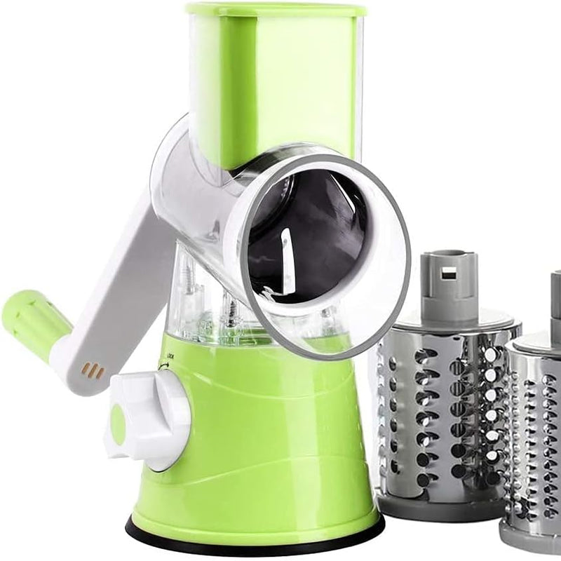 Vegetable Slicer Cutter Chopper | Cheese Grater | Manual Rotary Round Drum with Stainless Steel 3 Blades | Multi-Functional Kitchen Tool