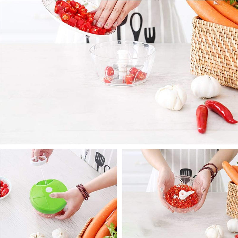 Manual Food Chopper | 3-Blade Handheld Mini Food Processor | Powerful Easy Pull Vegetable, Onion, & Meat Blender | 500ml BPA-Free Kitchen Tool - Green