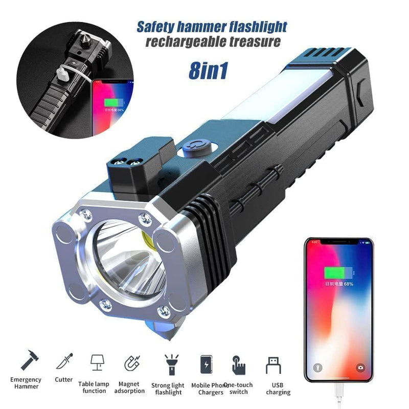 Raw Hammer Torch Light with Rechargeable Battery Powerbank, Hammer Opener, COB Large Flood Light, Magnetic Adsorption, Emergency Window Breaker & Seatbelt Cutter