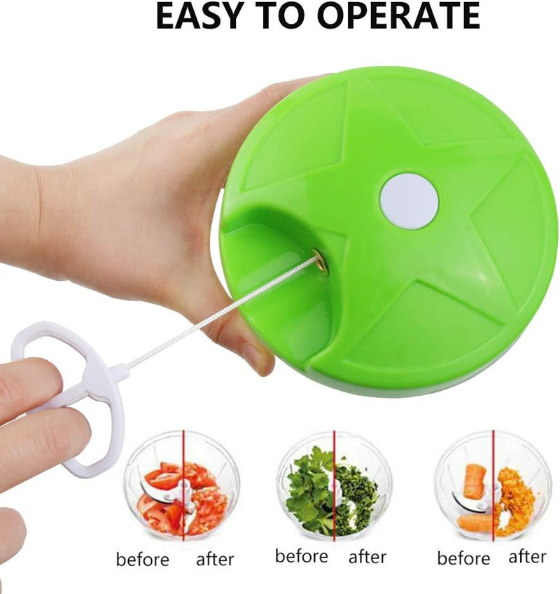 Manual Food Chopper | 3-Blade Handheld Mini Food Processor | Powerful Easy Pull Vegetable, Onion, & Meat Blender | 500ml BPA-Free Kitchen Tool - Green