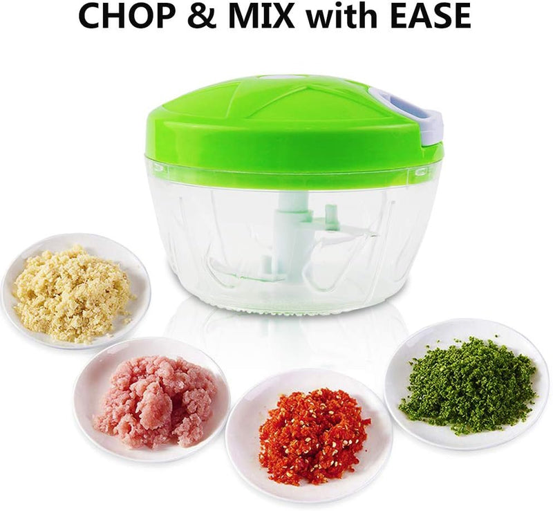 Manual Food Chopper | 3-Blade Handheld Mini Food Processor | Powerful Easy Pull Vegetable, Onion, & Meat Blender | 500ml BPA-Free Kitchen Tool - Green