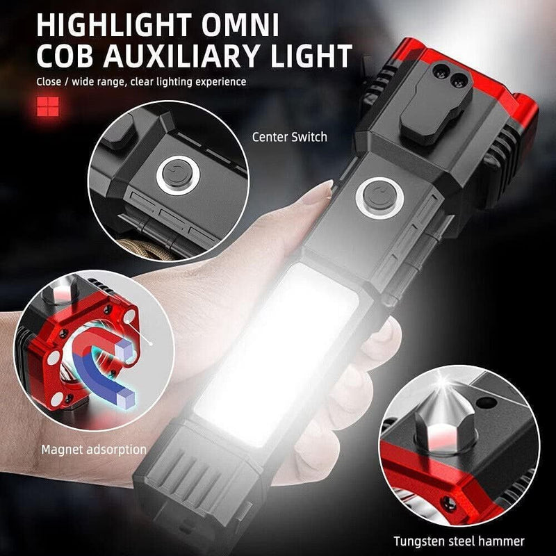 Raw Hammer Torch Light with Rechargeable Battery Powerbank, Hammer Opener, COB Large Flood Light, Magnetic Adsorption, Emergency Window Breaker & Seatbelt Cutter