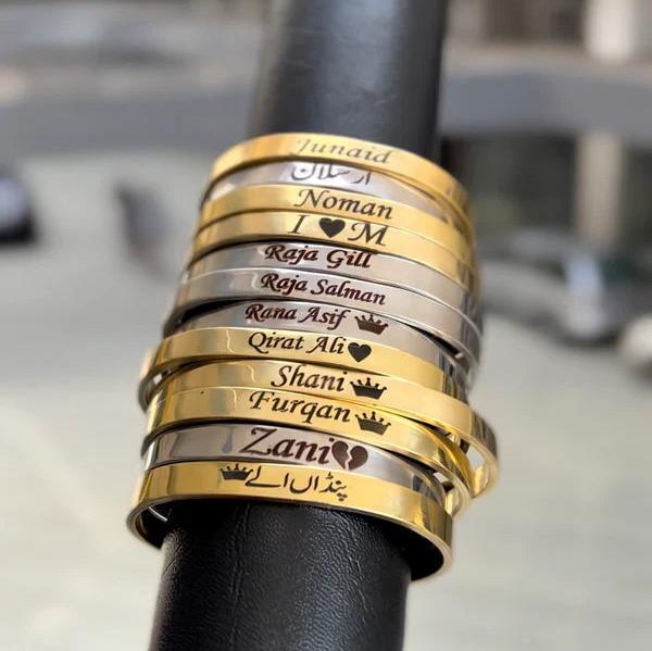 Customized Engraved Karha, Bracelets & Bangles for Men & Women - Personalize with Your Name - Stainless Steel Cuff Jewelry - Available in Gold & Silver