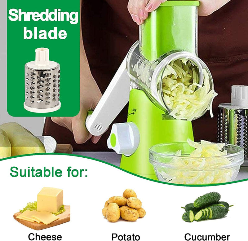 Vegetable Slicer Cutter Chopper | Cheese Grater | Manual Rotary Round Drum with Stainless Steel 3 Blades | Multi-Functional Kitchen Tool