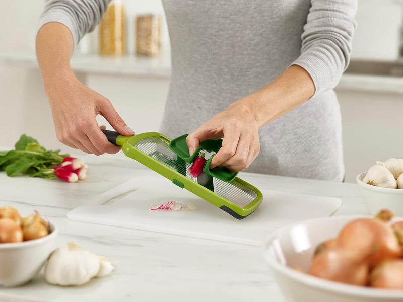 Adjustable Multi Hand-held Mandoline Slicer - Stainless Steel Blades, Plastic Grip, Dishwasher Safe - Green