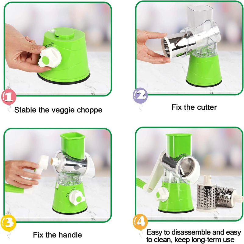 Vegetable Slicer Cutter Chopper | Cheese Grater | Manual Rotary Round Drum with Stainless Steel 3 Blades | Multi-Functional Kitchen Tool