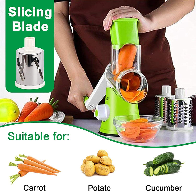 Vegetable Slicer Cutter Chopper | Cheese Grater | Manual Rotary Round Drum with Stainless Steel 3 Blades | Multi-Functional Kitchen Tool