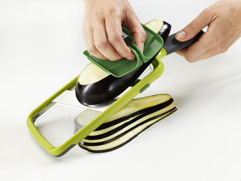 Adjustable Multi Hand-held Mandoline Slicer - Stainless Steel Blades, Plastic Grip, Dishwasher Safe - Green