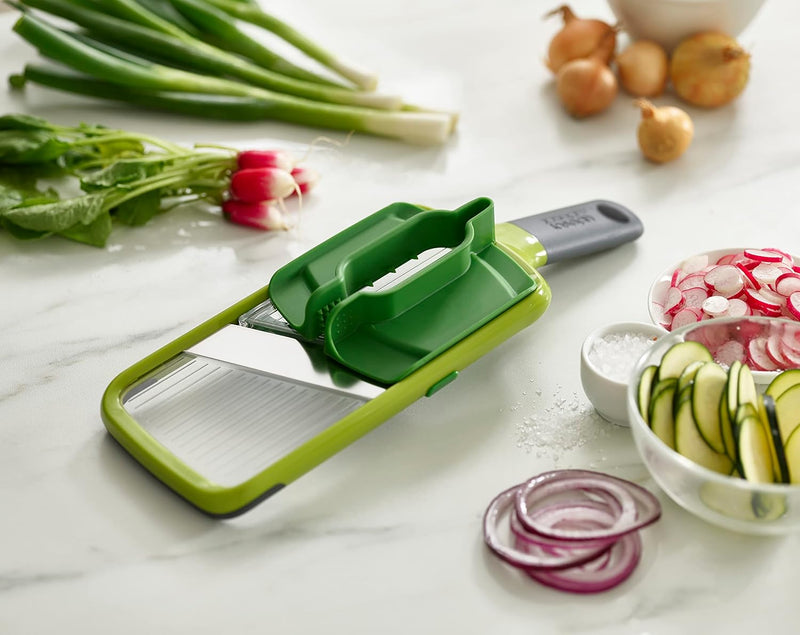 Adjustable Multi Hand-held Mandoline Slicer - Stainless Steel Blades, Plastic Grip, Dishwasher Safe - Green