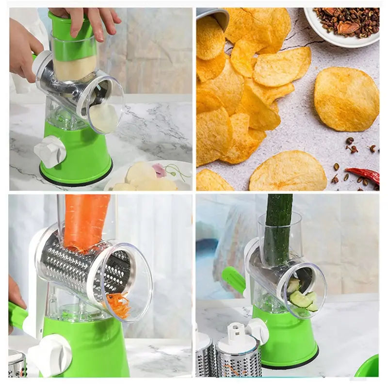 Vegetable Slicer Cutter Chopper | Cheese Grater | Manual Rotary Round Drum with Stainless Steel 3 Blades | Multi-Functional Kitchen Tool