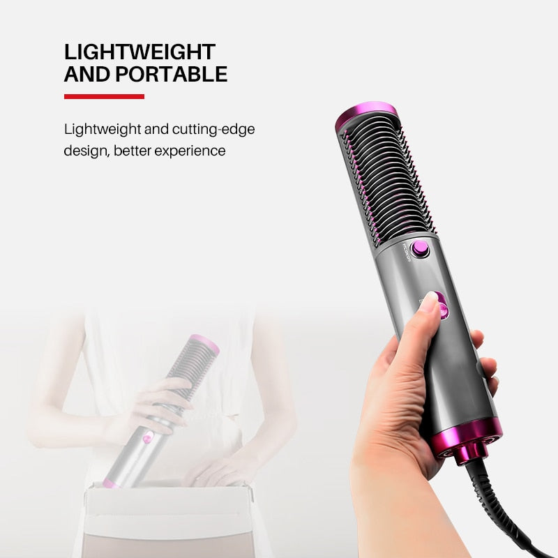 3 in 1 Portable Hot Air Cylinder Dryer Hair Straightener Brush Comb Adjustable Temperature Straight Iron Curly Hair Styling Stick