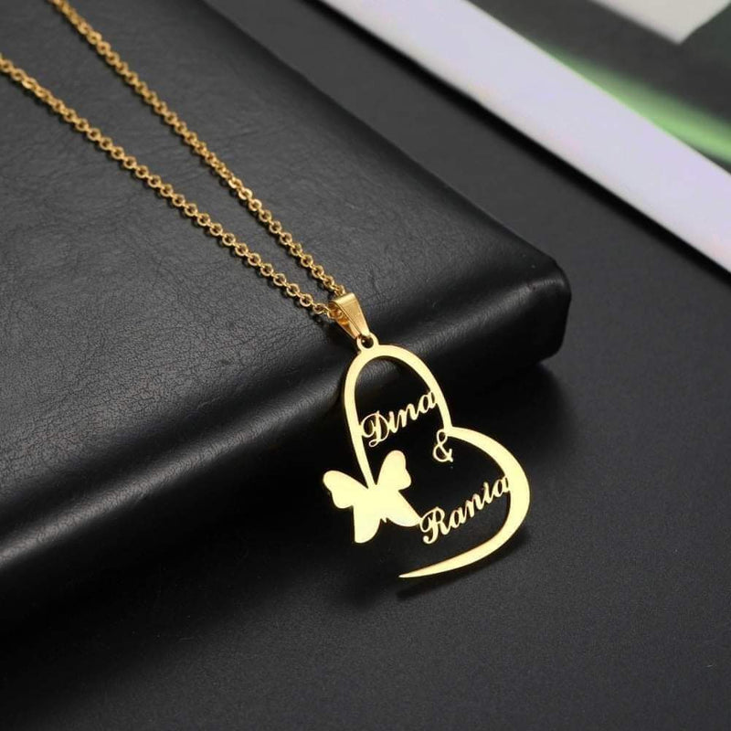 Butterfly Heart Customized Double Name Necklace ƒ?? Personalized Jewelry for Couples ƒ?? Silver & Gold Options ƒ?? Unique Gift for Special Occasions