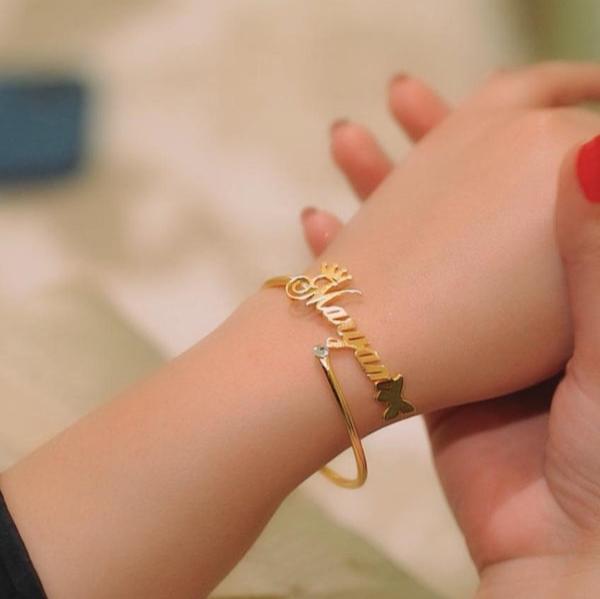 Personalized Name Bangle for Girls with Stone – Custom Gold & Silver Bracelet for Special Occasions